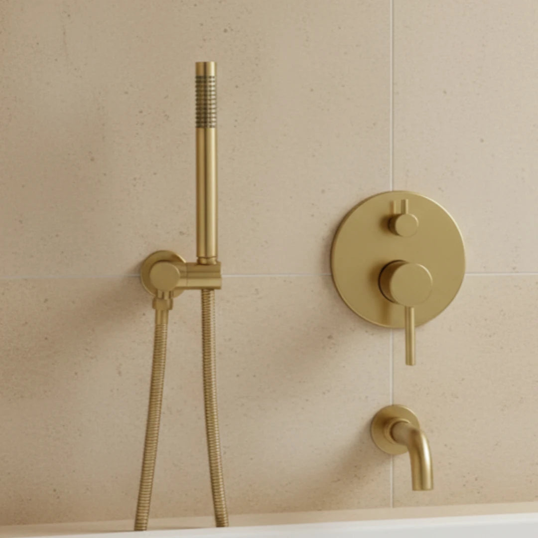 Robinet baignoire salle de bain encastrable mural mitigeur rond douchette - Doré