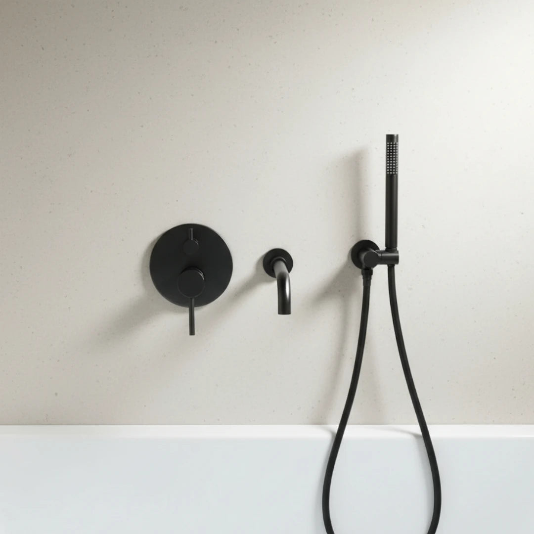Robinet baignoire salle de bain encastrable mural mitigeur rond douchette - Noir