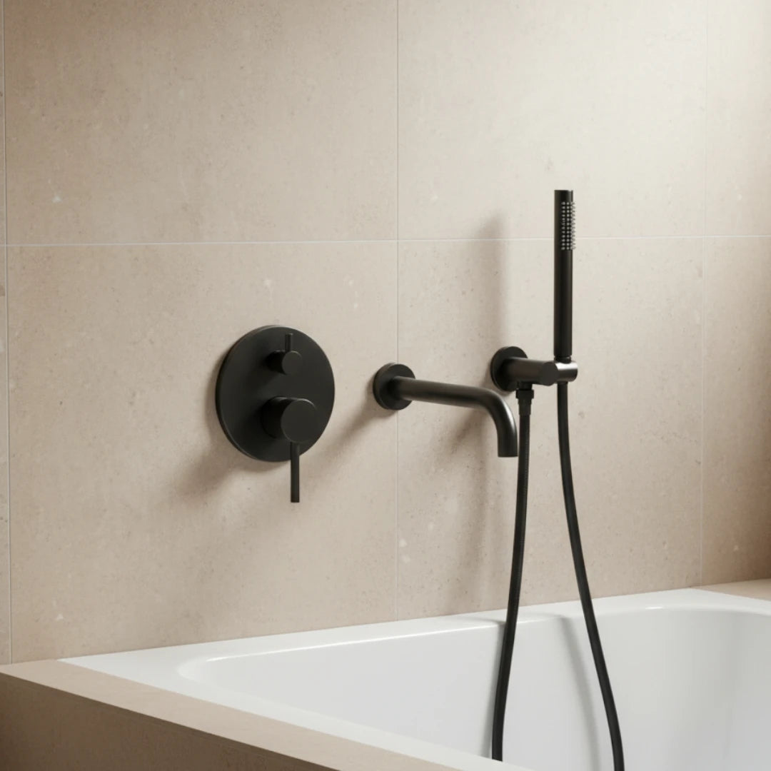 Robinet baignoire salle de bain encastrable mural mitigeur rond douchette - Noir