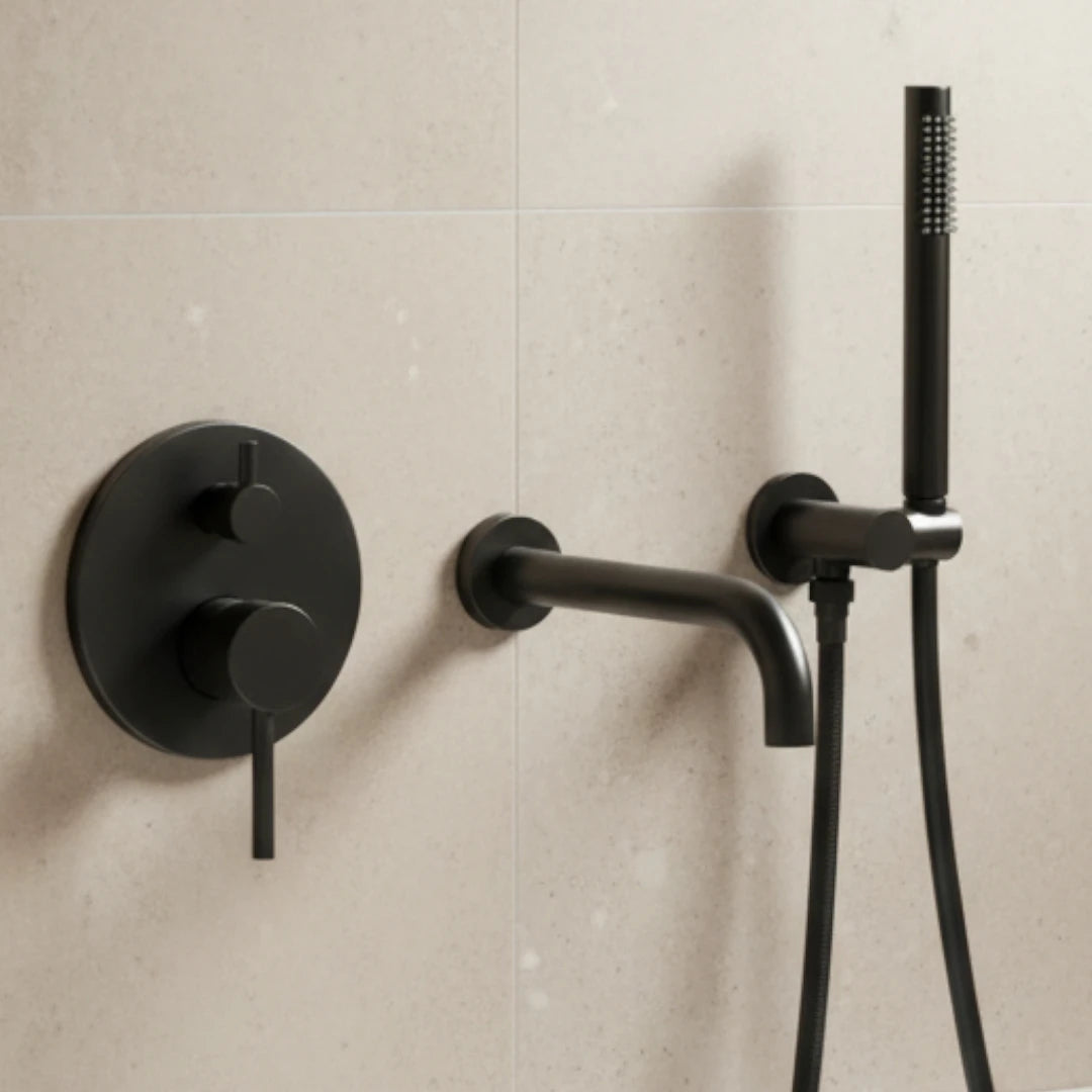 Robinet baignoire salle de bain encastrable mural mitigeur rond douchette - Noir