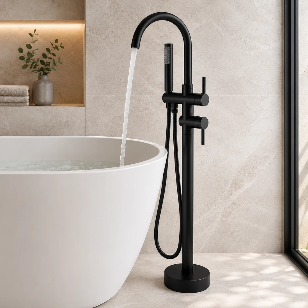 Robinet baignoire salle de bain montage au sol - Noir Mat - Laiton