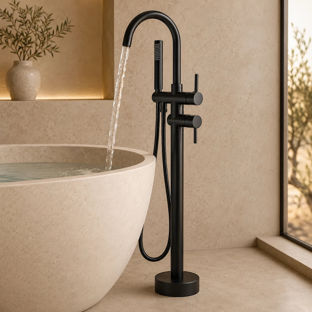 Robinet baignoire salle de bain montage au sol - Noir Mat - Laiton