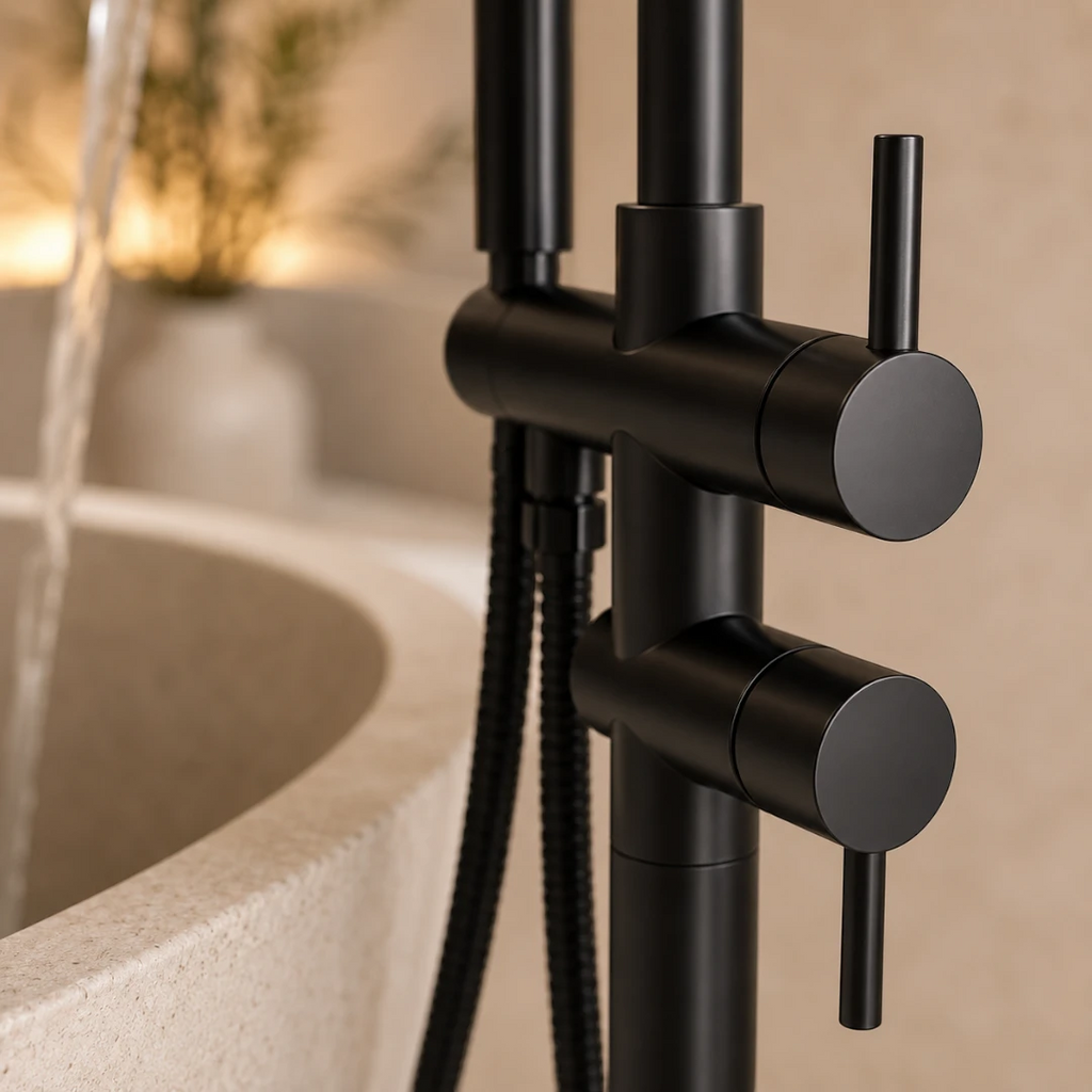 Robinet baignoire salle de bain montage au sol - Noir Mat - Laiton