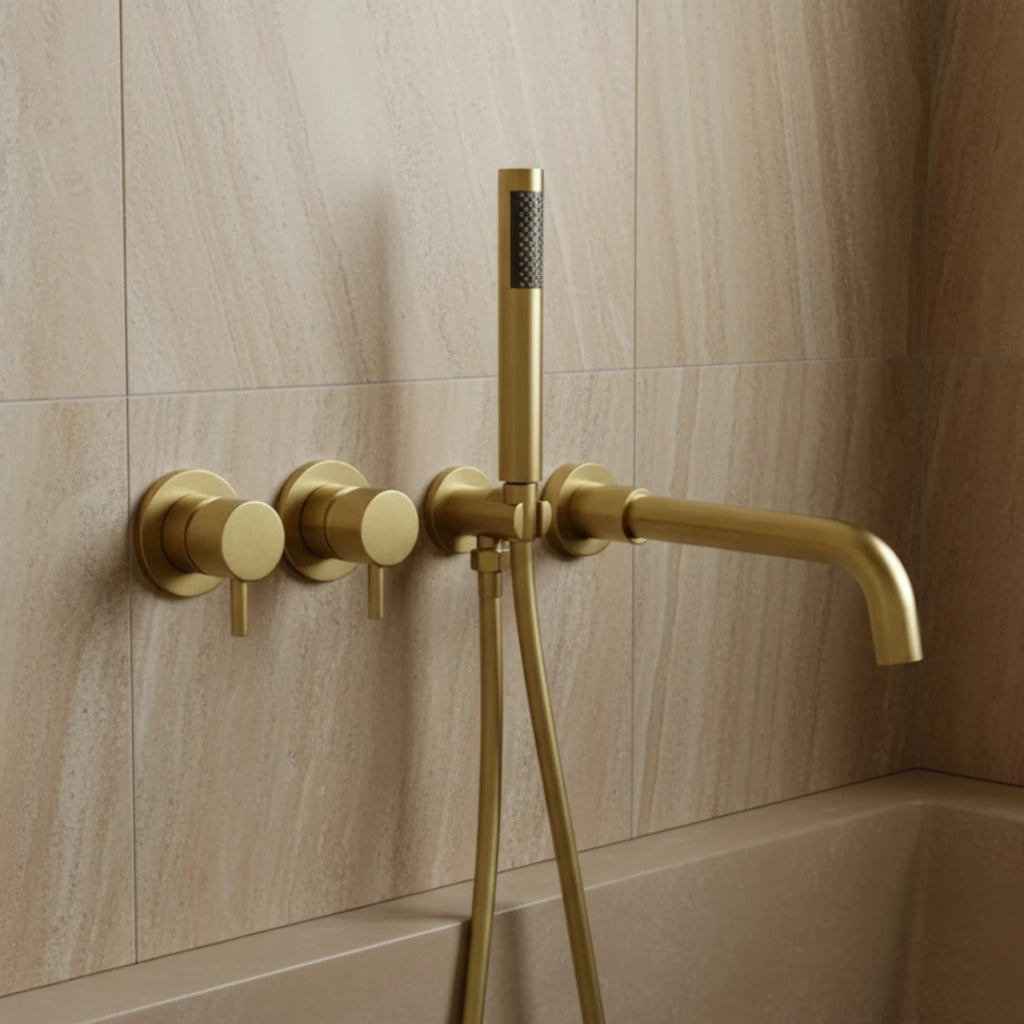 Robinet baignoire salle de bain mural encastrable douchette - Doré - Laiton