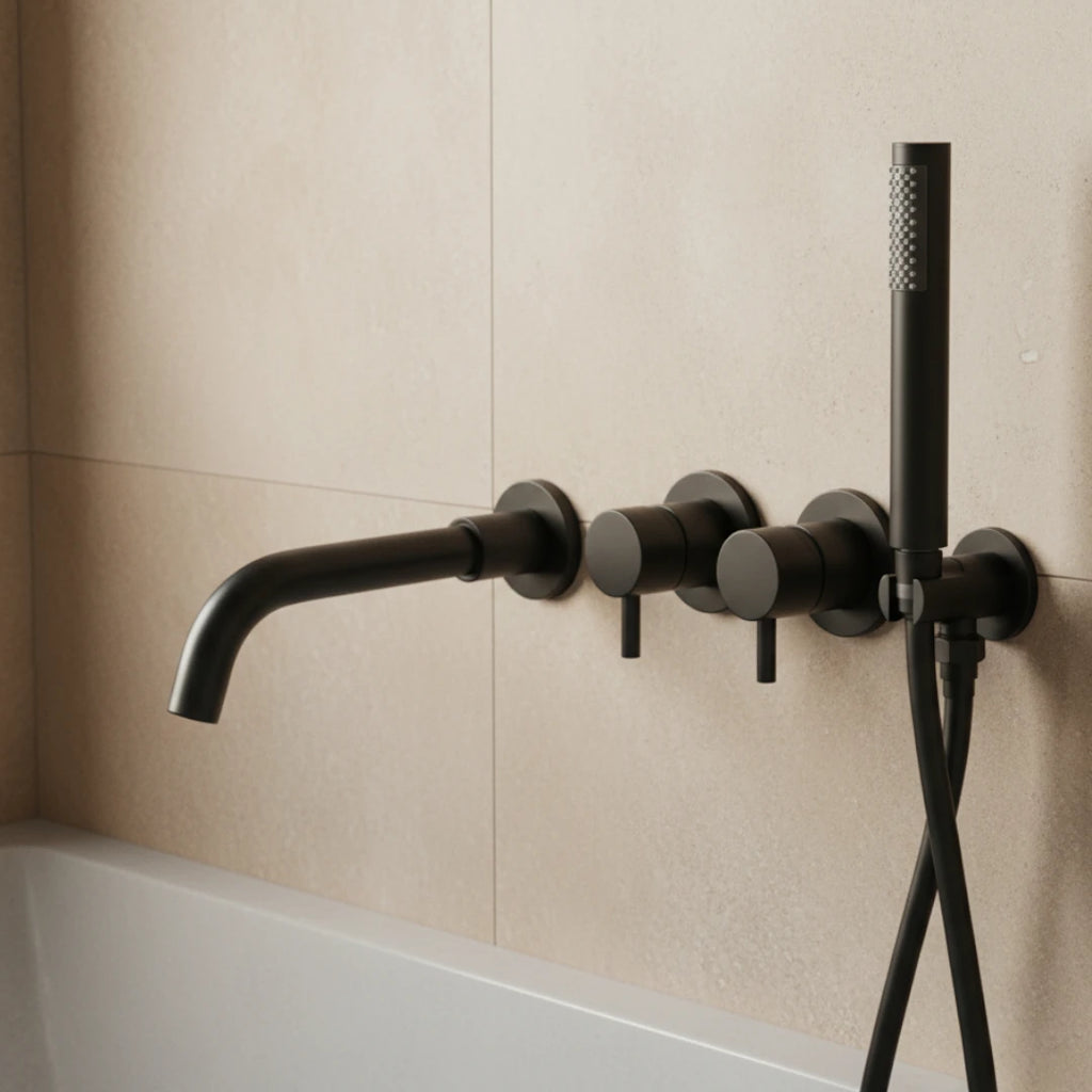 Robinet baignoire salle de bain mural encastrable douchette - Noir - Laiton