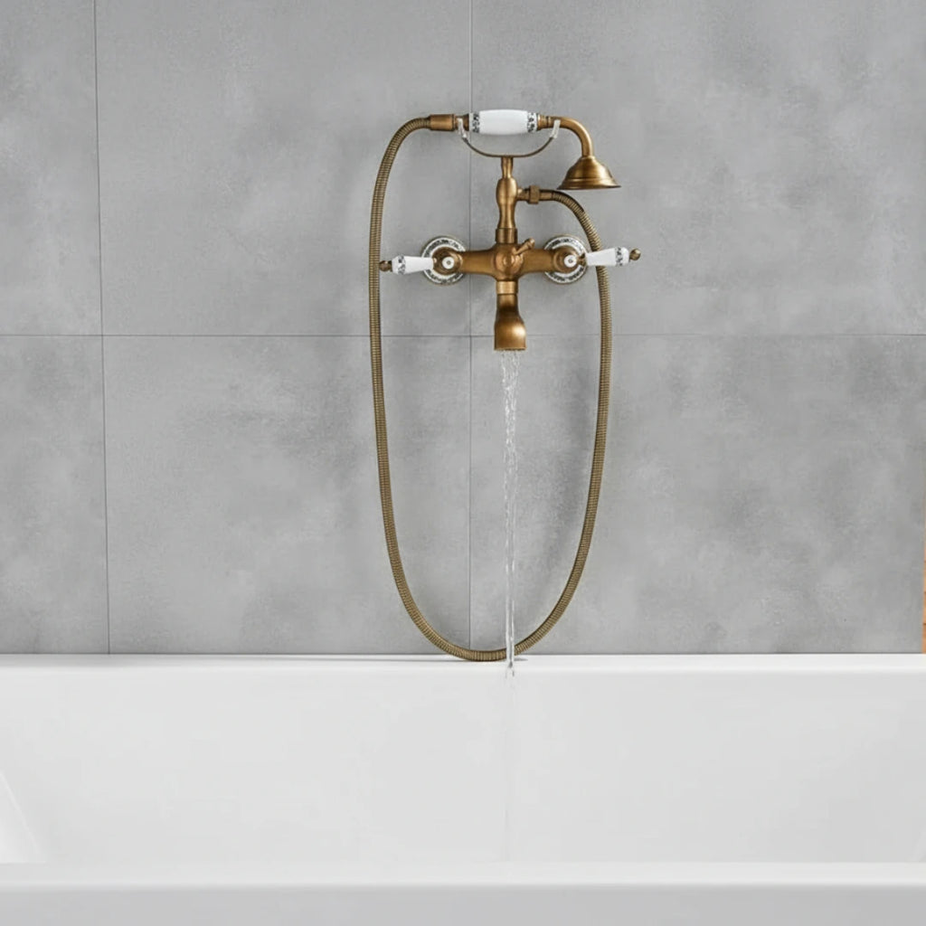 Robinet baignoire salle de bain rétro céramique douchette - Doré - Laiton