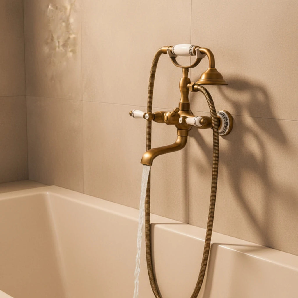 Robinet baignoire salle de bain rétro céramique douchette - Doré - Laiton