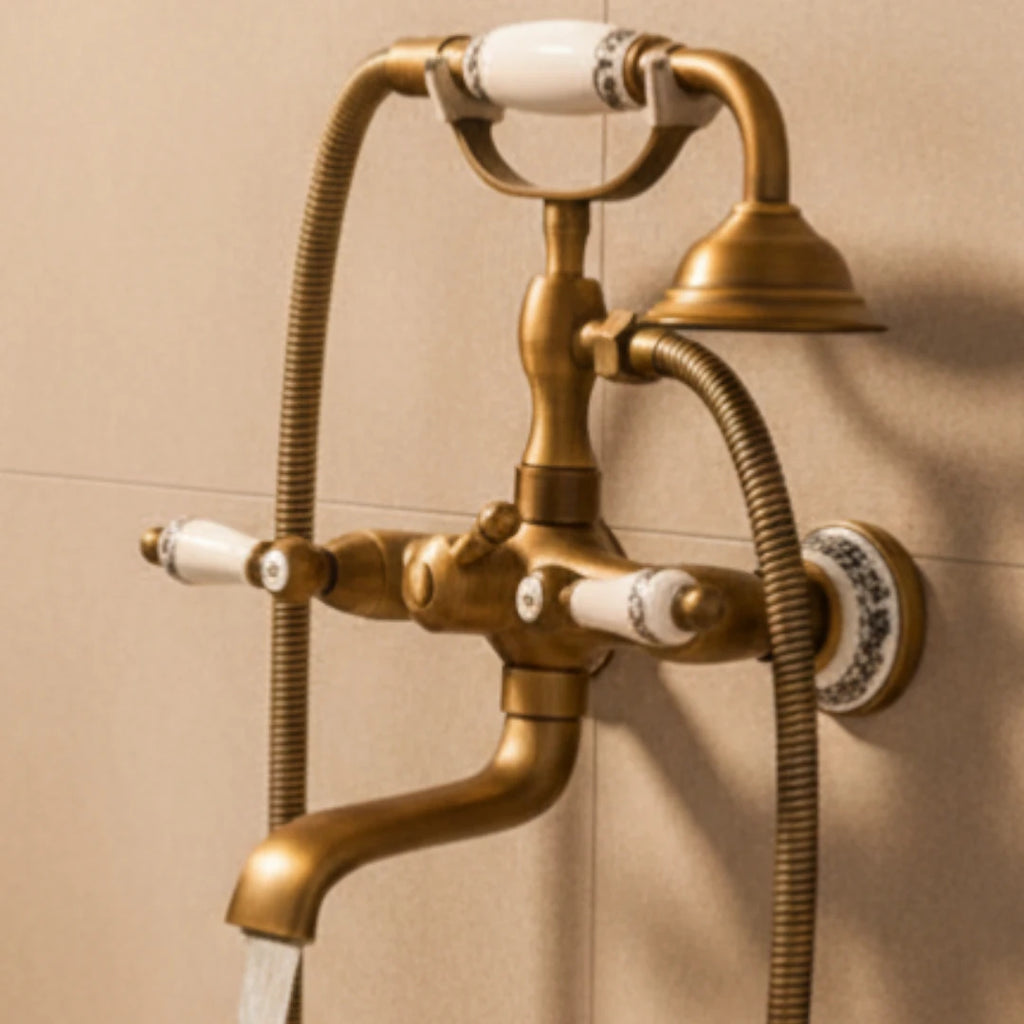 Robinet baignoire salle de bain rétro céramique douchette - Doré - Laiton