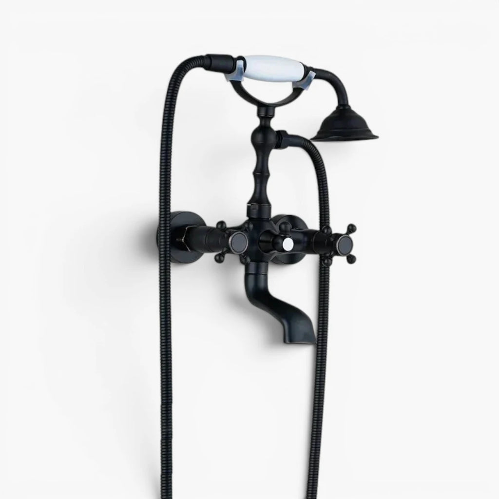 Robinet baignoire salle de bain rétro céramique douchette - Noir - Laiton