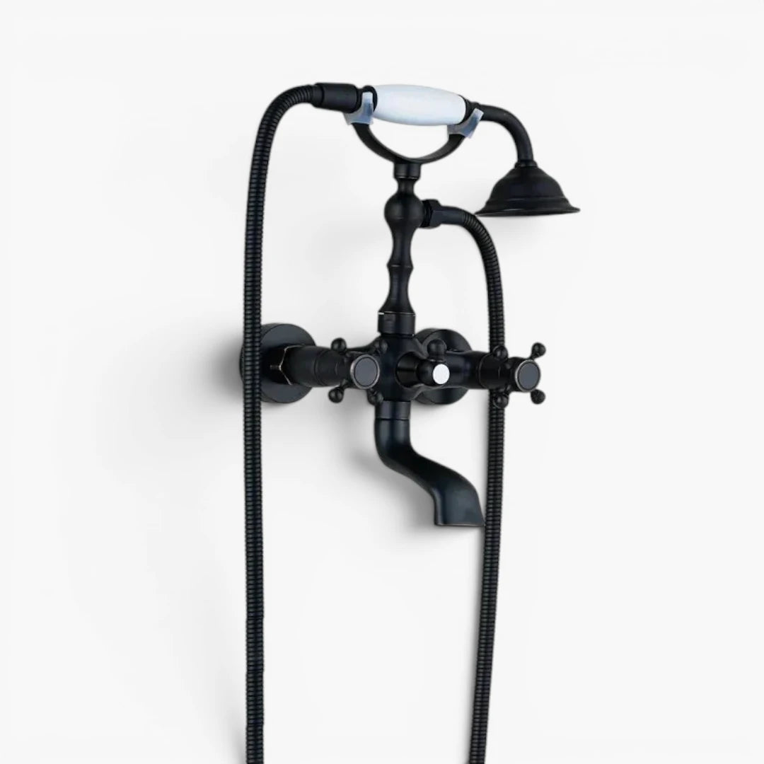 Robinet baignoire salle de bain rétro céramique douchette - Noir - Laiton