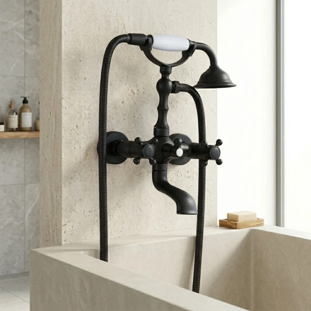 Robinet baignoire salle de bain rétro céramique douchette - Noir - Laiton