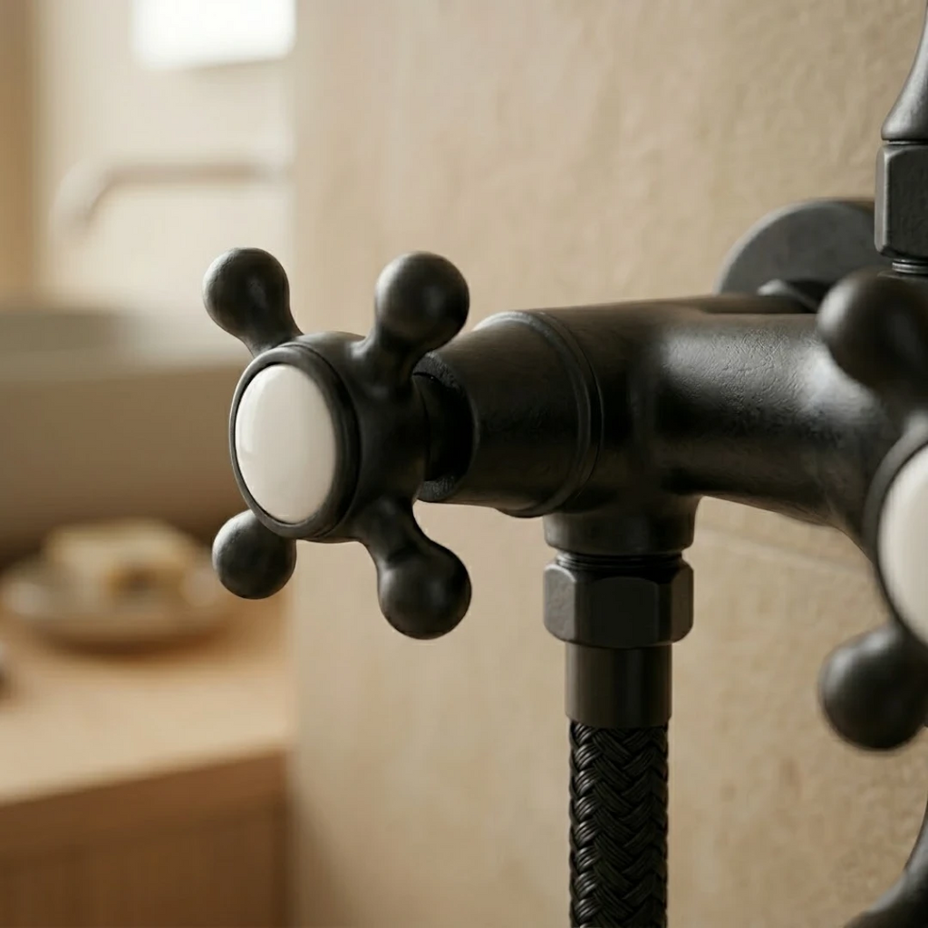 Robinet baignoire salle de bain rétro céramique douchette - Noir - Laiton