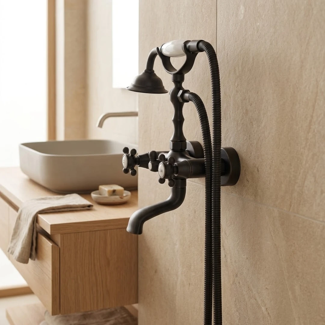 Robinet baignoire salle de bain rétro céramique douchette - Noir - Laiton