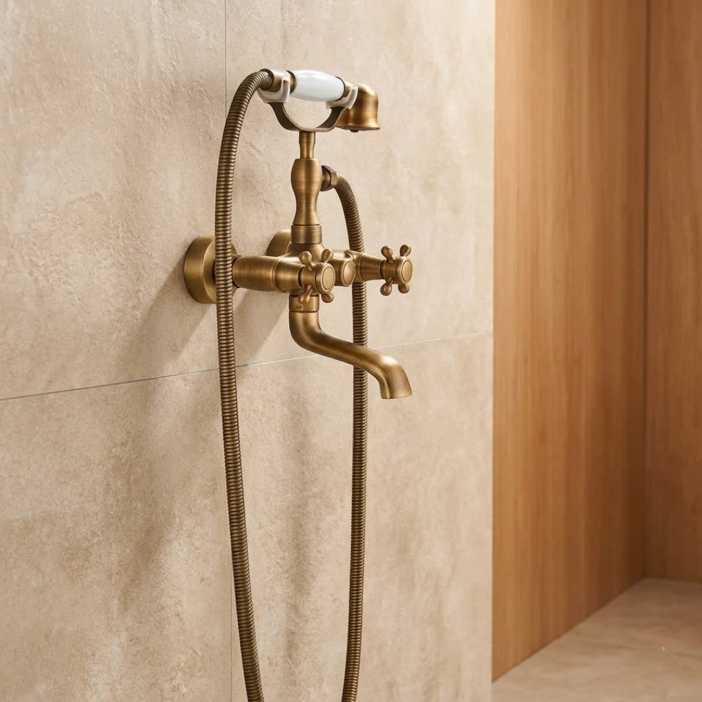 Robinet baignoire salle de bain rétro douchette - Doré - Laiton
