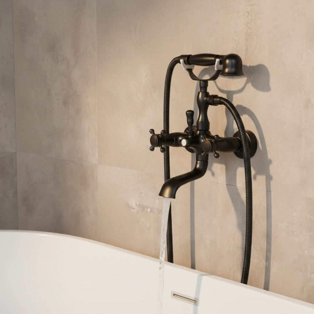 Robinet baignoire salle de bain rétro douchette - Noir - Laiton