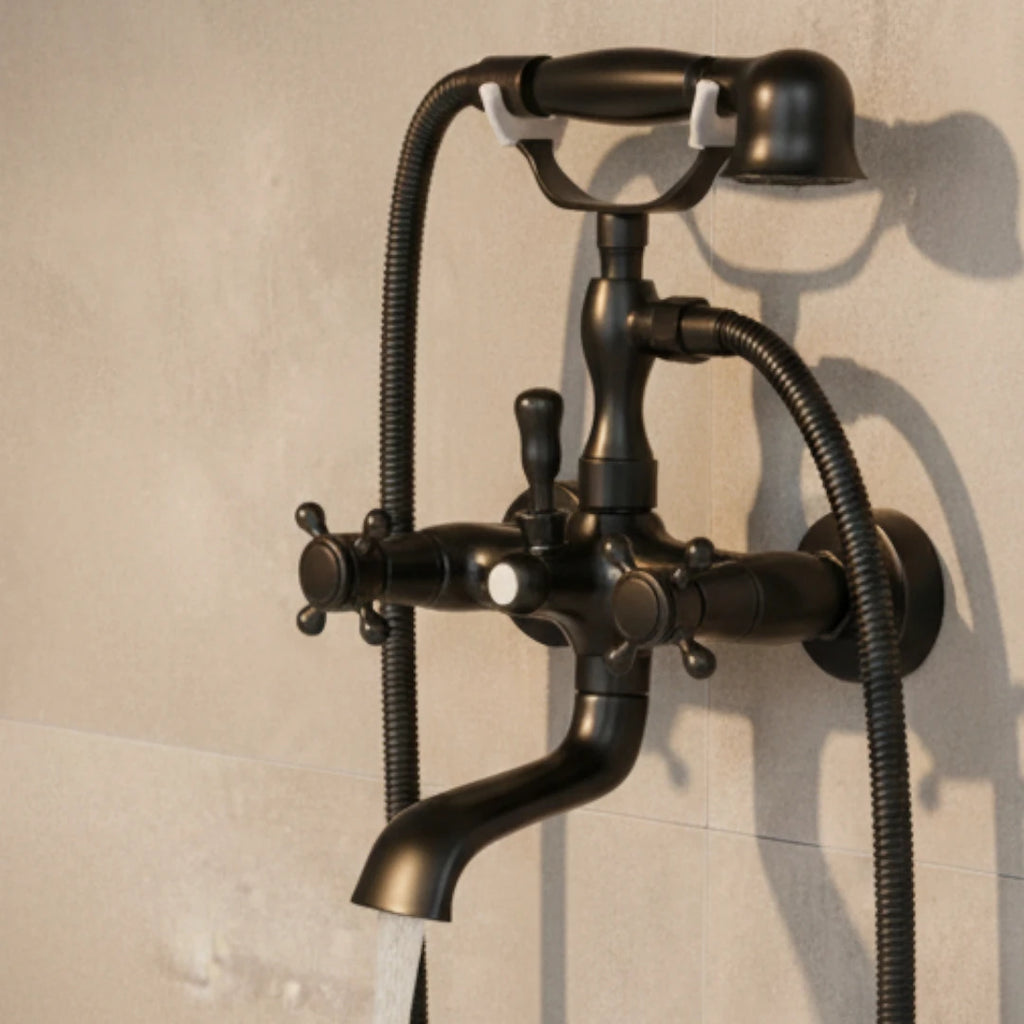 Robinet baignoire salle de bain rétro douchette - Noir - Laiton