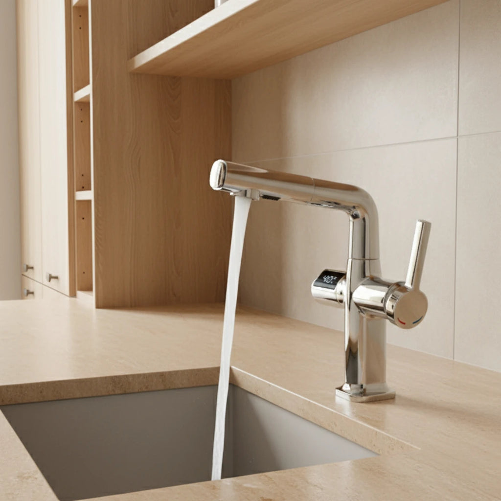 Robinet cuisine affichage thermostatique flexible - Argenté - Laiton