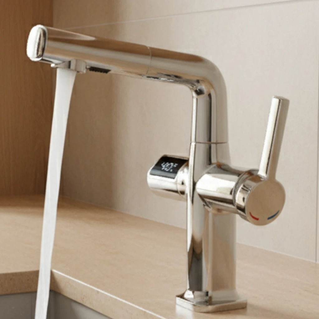 Robinet cuisine affichage thermostatique flexible - Argenté - Laiton