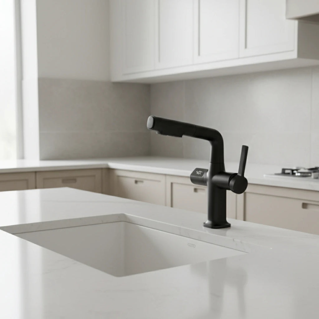 Robinet cuisine affichage thermostatique flexible - Noir - Laiton