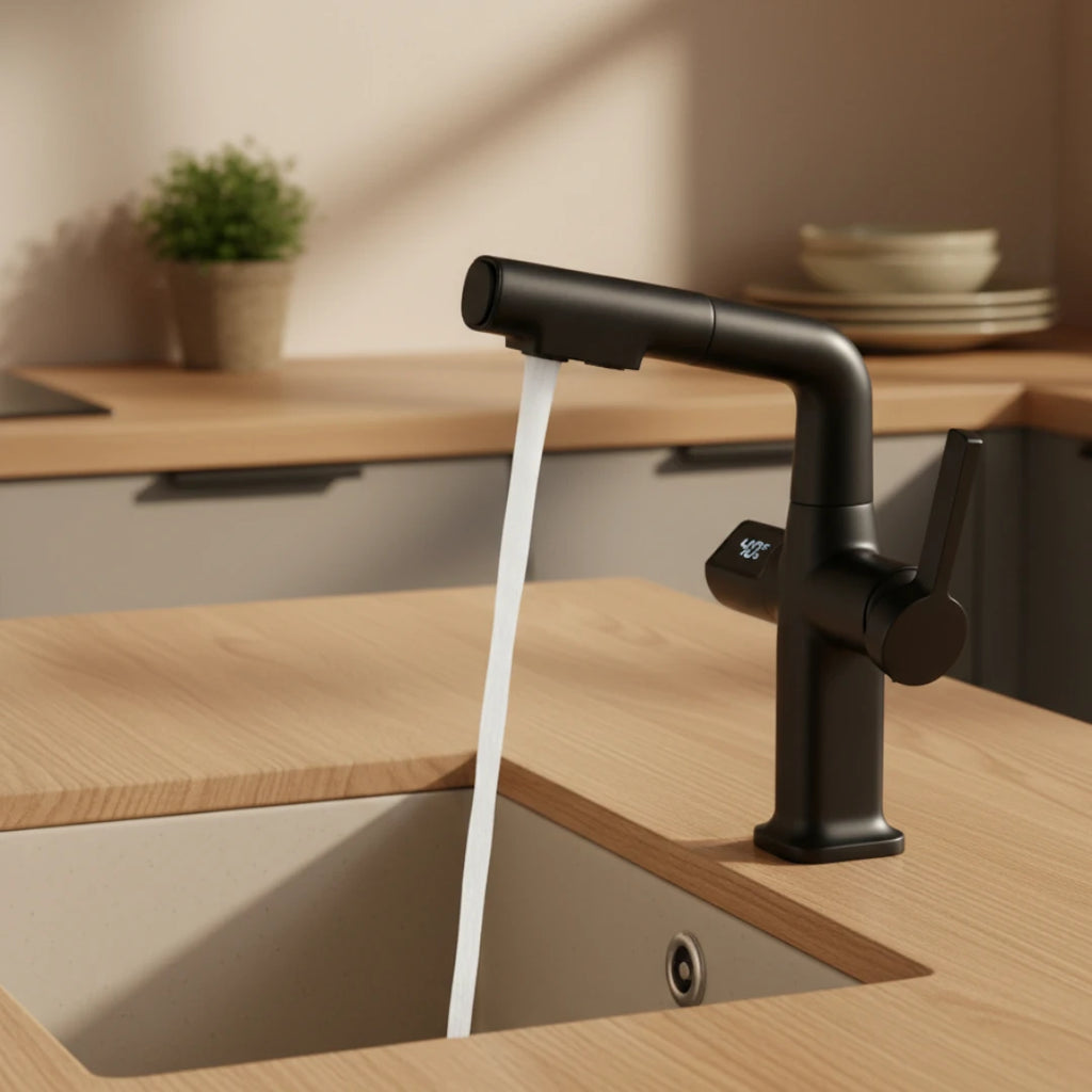 Robinet cuisine affichage thermostatique flexible - Noir - Laiton