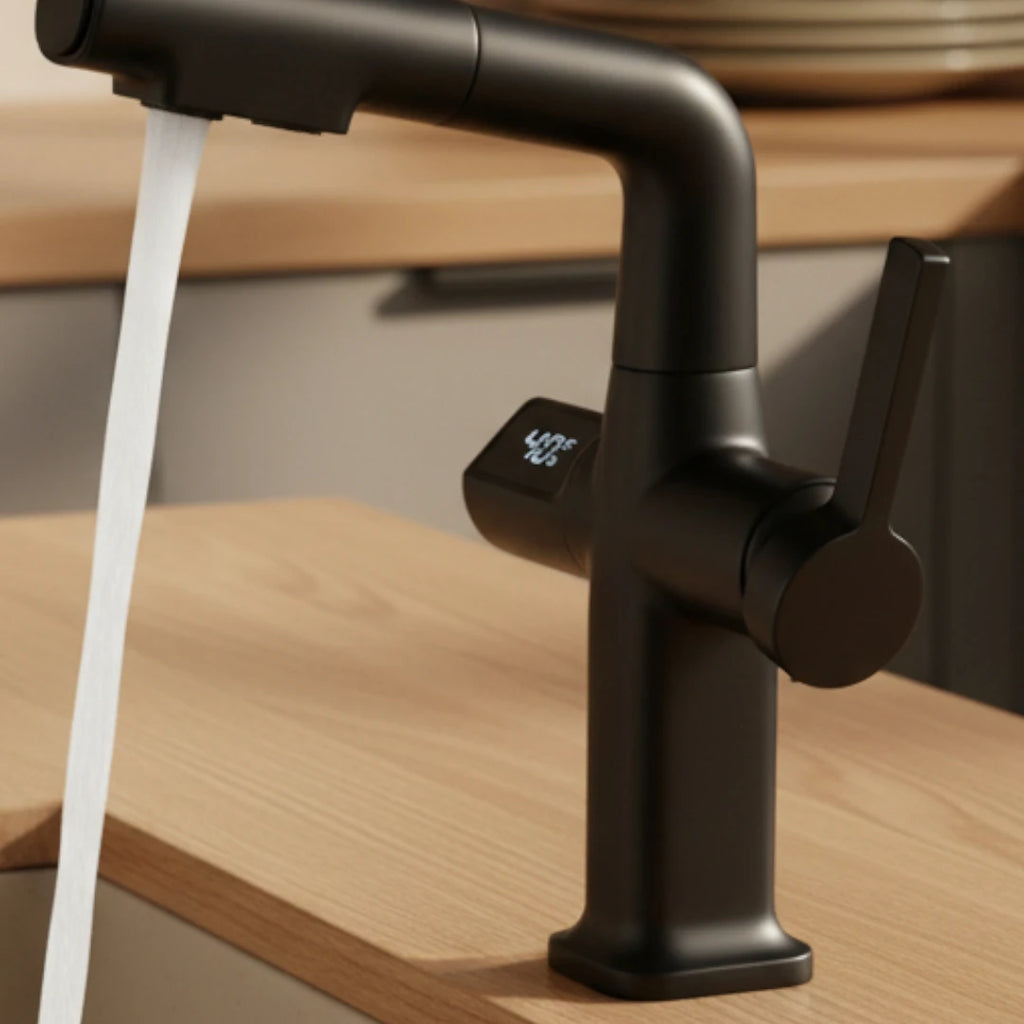 Robinet cuisine affichage thermostatique flexible - Noir - Laiton