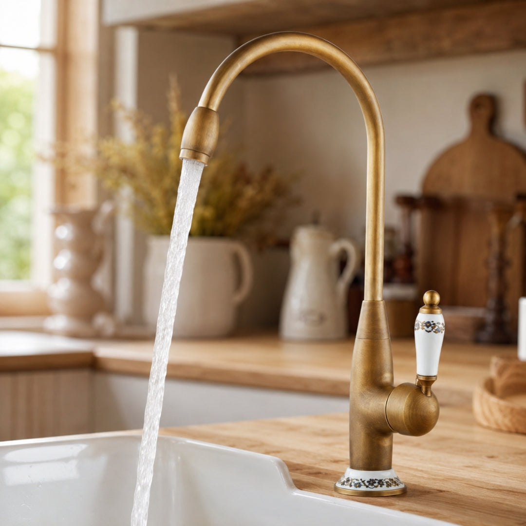 Robinet cuisine évier antique avec céramique fleur vintage - Doré