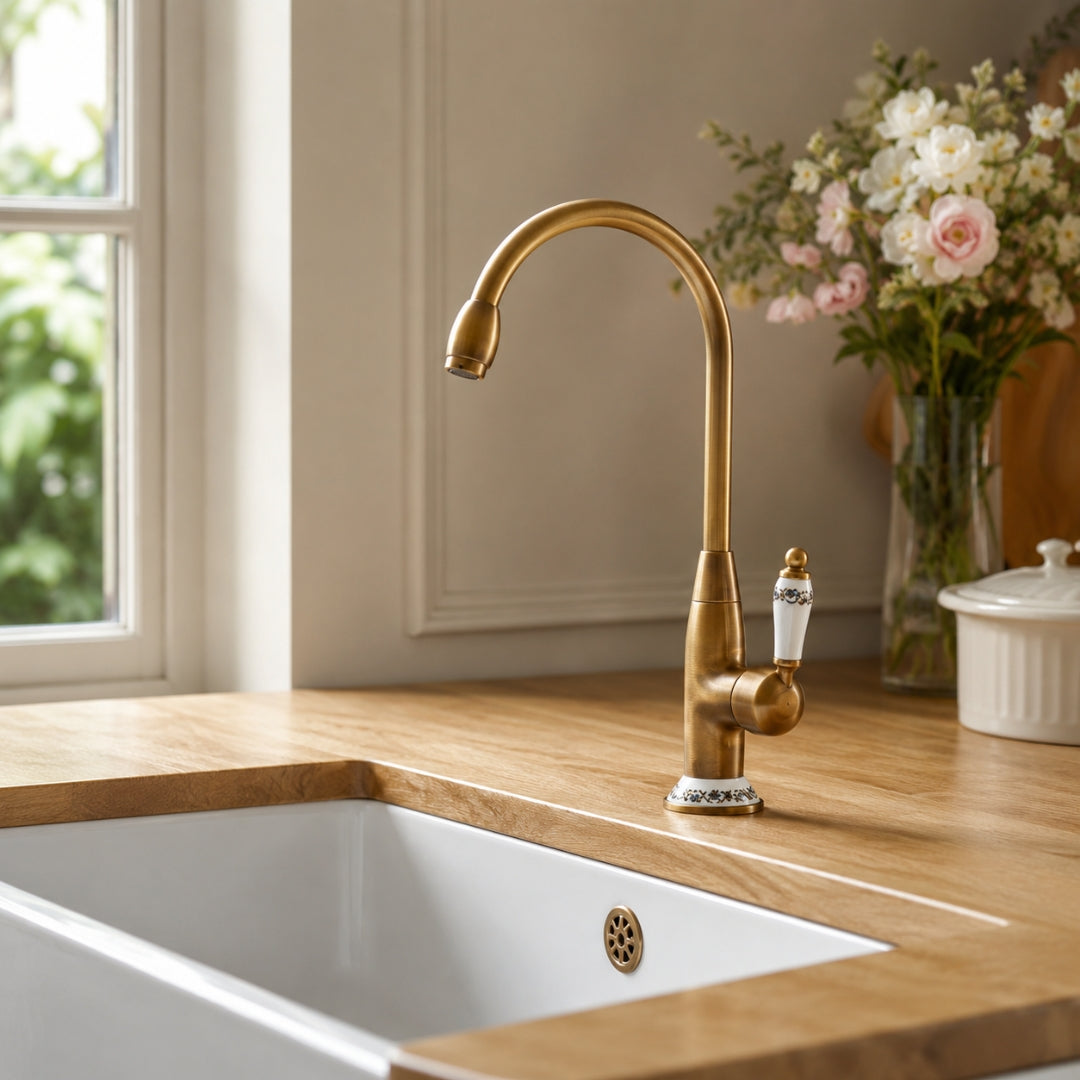 Robinet cuisine évier antique avec céramique fleur vintage - Doré