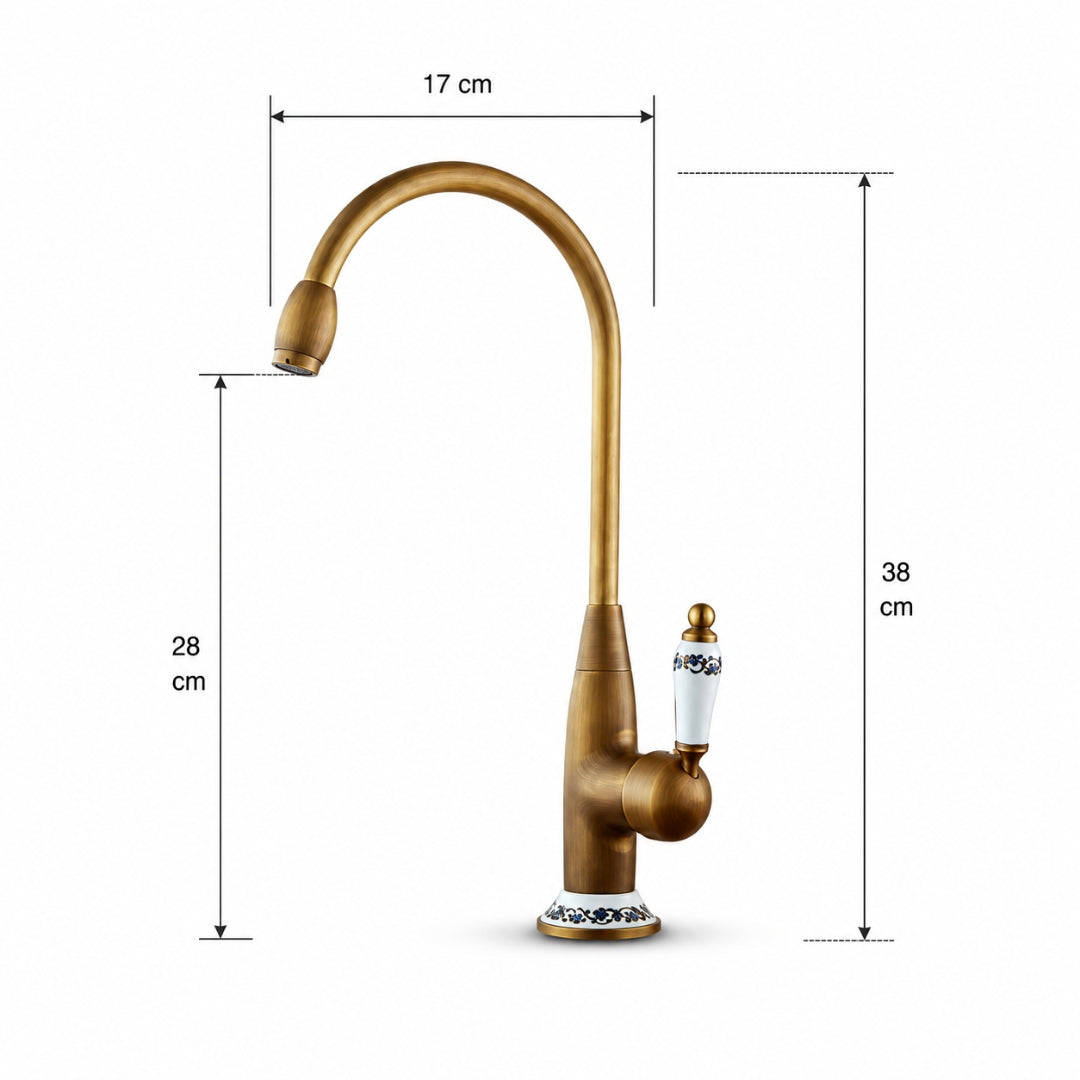 Robinet cuisine évier antique avec céramique fleur vintage - Doré