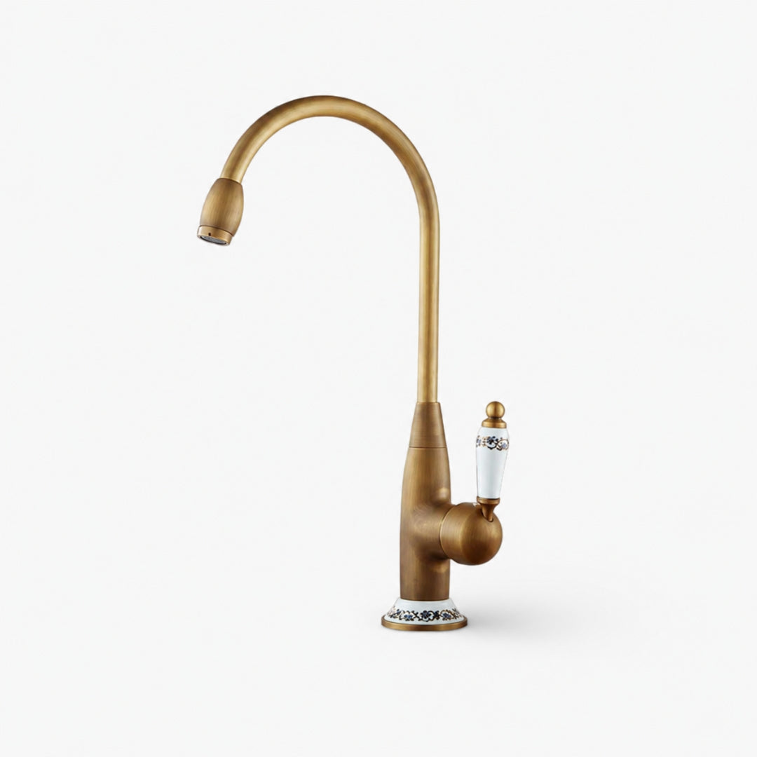 Robinet cuisine évier antique avec céramique fleur vintage - Doré