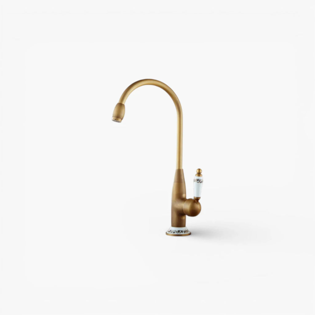 Robinet cuisine évier antique avec céramique fleur vintage - Doré