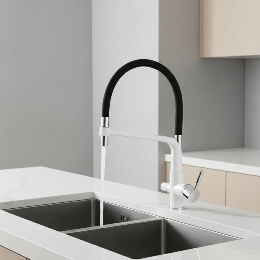 Robinet cuisine évier flexible double robinet purificateur d'eau - Blanc - Laiton