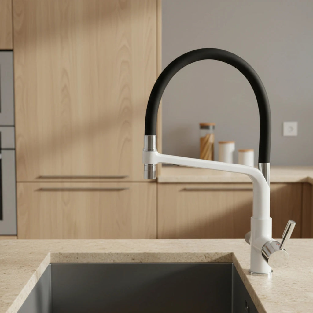 Robinet cuisine évier flexible double robinet purificateur d'eau - Blanc - Laiton
