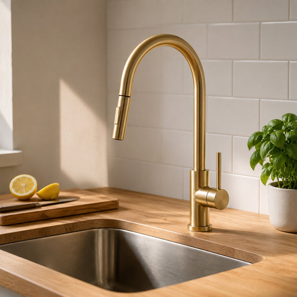 Robinet cuisine évier flexible douchette minimaliste - Doré - Laiton