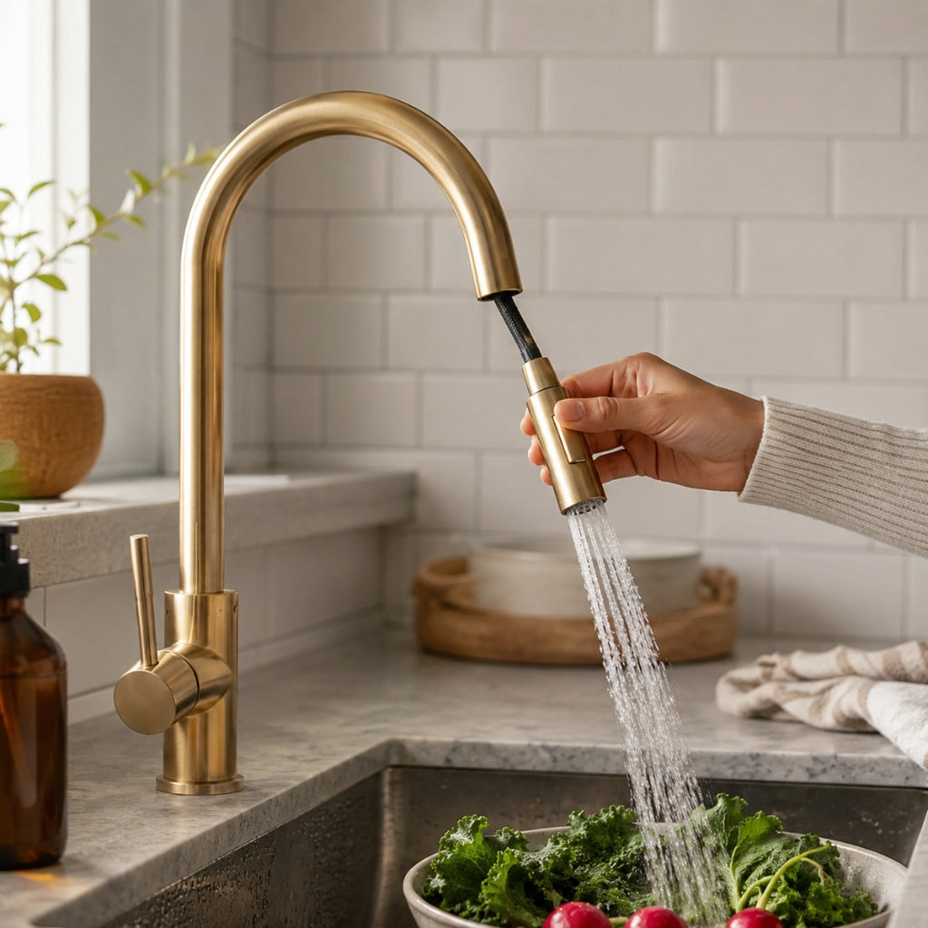 Robinet cuisine évier flexible douchette minimaliste - Doré - Laiton