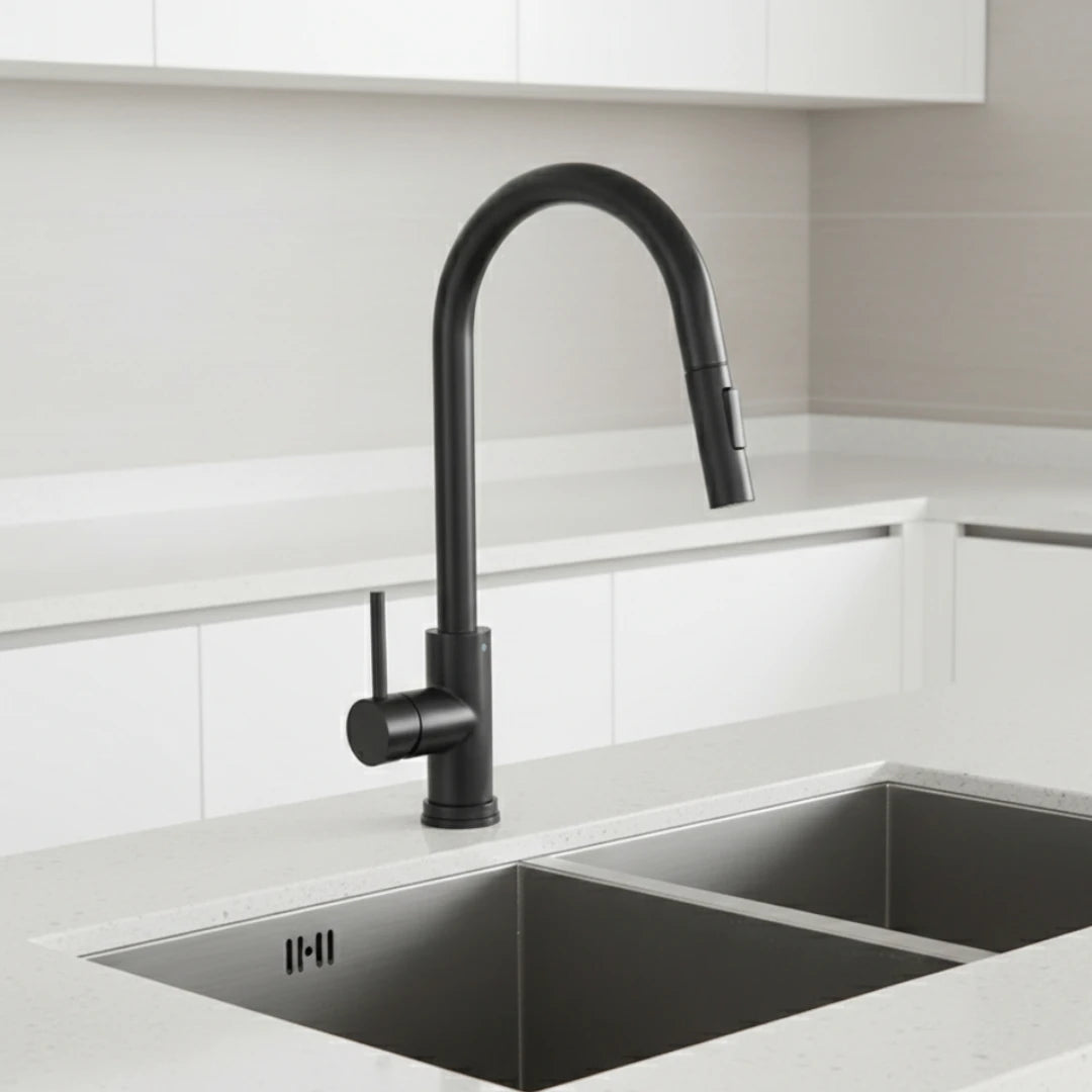 Robinet cuisine évier flexible douchette minimaliste - Noir - Laiton