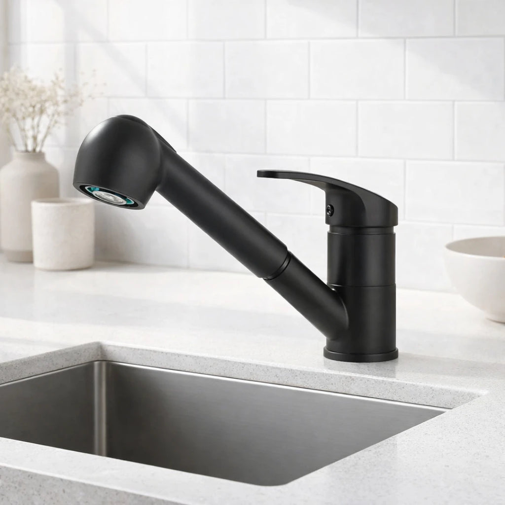 Robinet cuisine évier mitigeur flexible multijet - Noir mat - Laiton