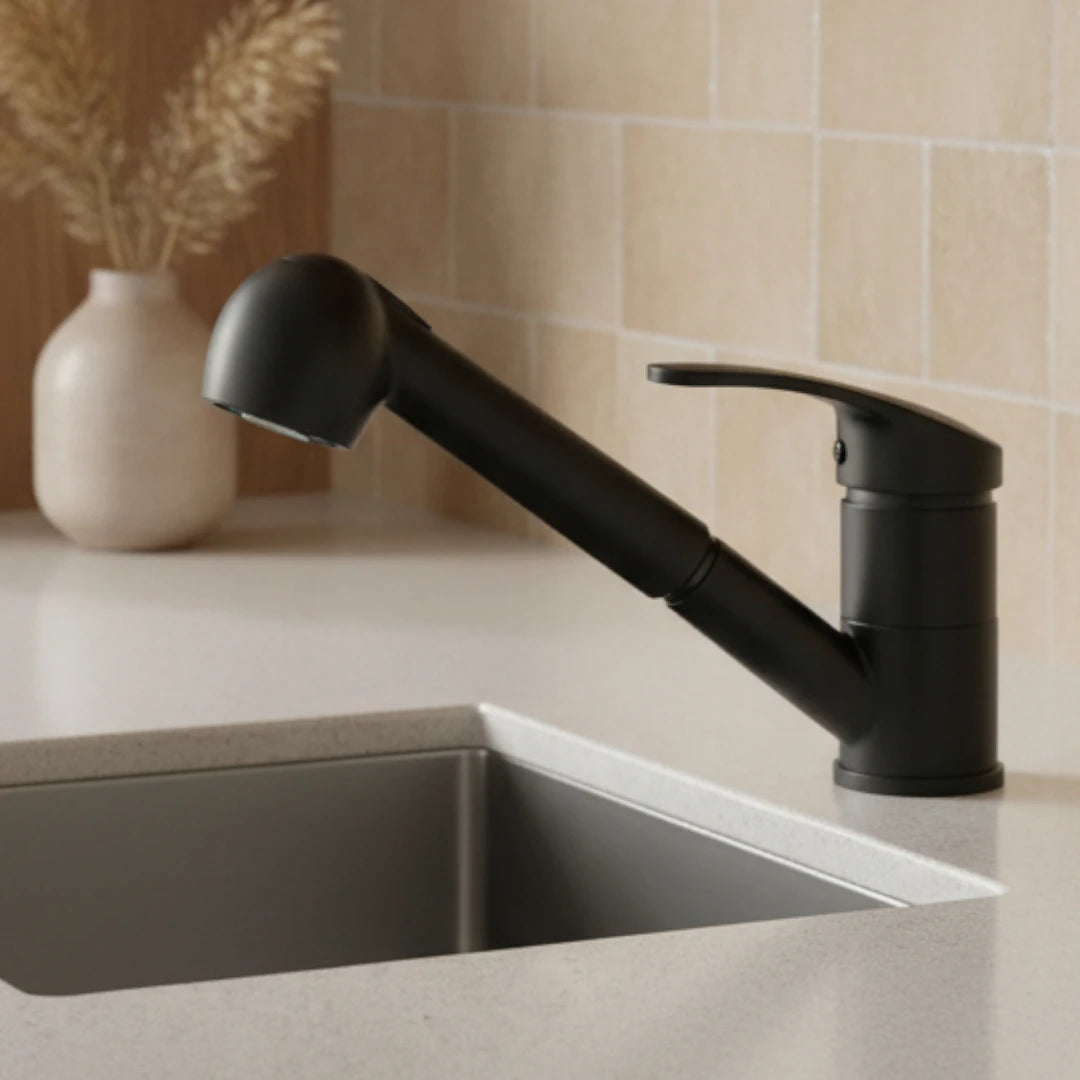 Robinet cuisine évier mitigeur flexible multijet - Noir mat - Laiton