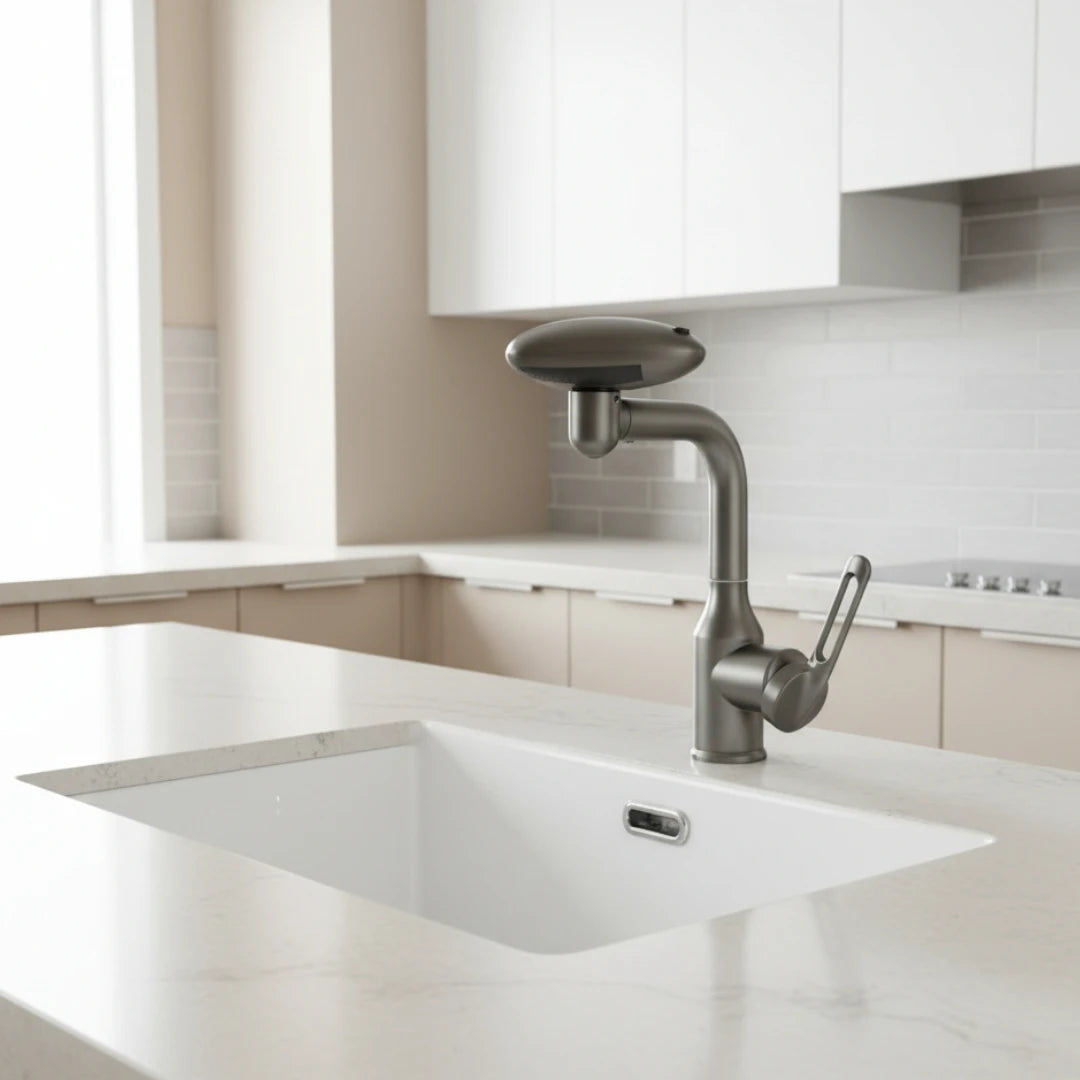 Robinet cuisine évier tête rotative fontaine cascade - Argenté