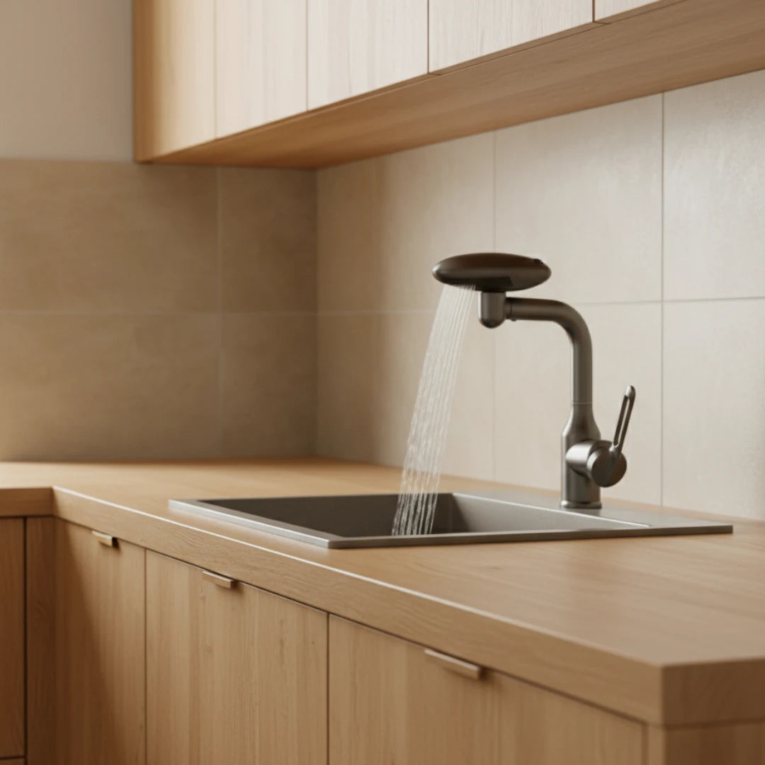 Robinet cuisine évier tête rotative fontaine cascade - Argenté