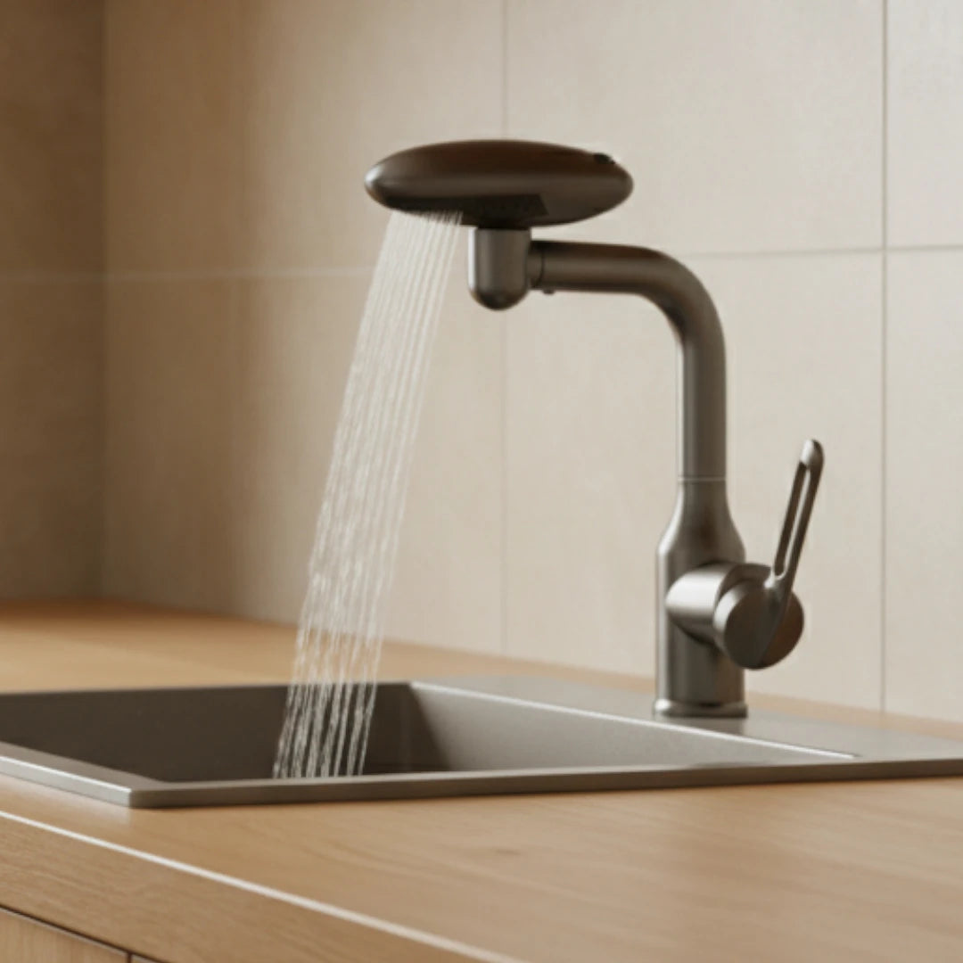 Robinet cuisine évier tête rotative fontaine cascade - Argenté
