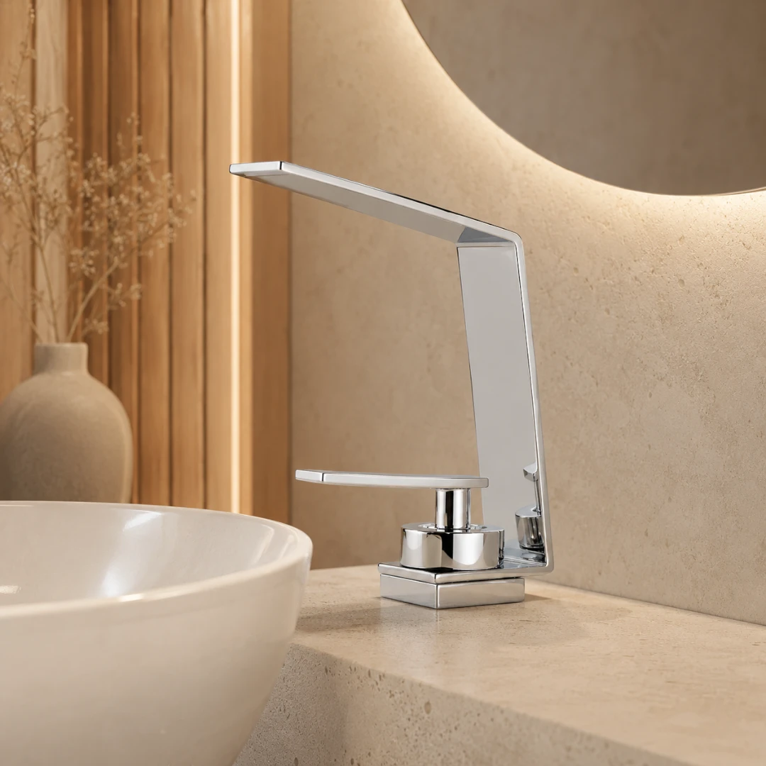 Robinet design lavabo salle de bain cascade - Argenté - Laiton