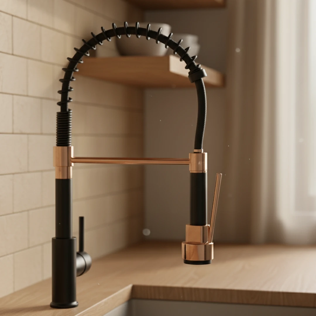 Robinet double cuisine évier douchette mitigeur bicolore - Noir / Doré - Laiton