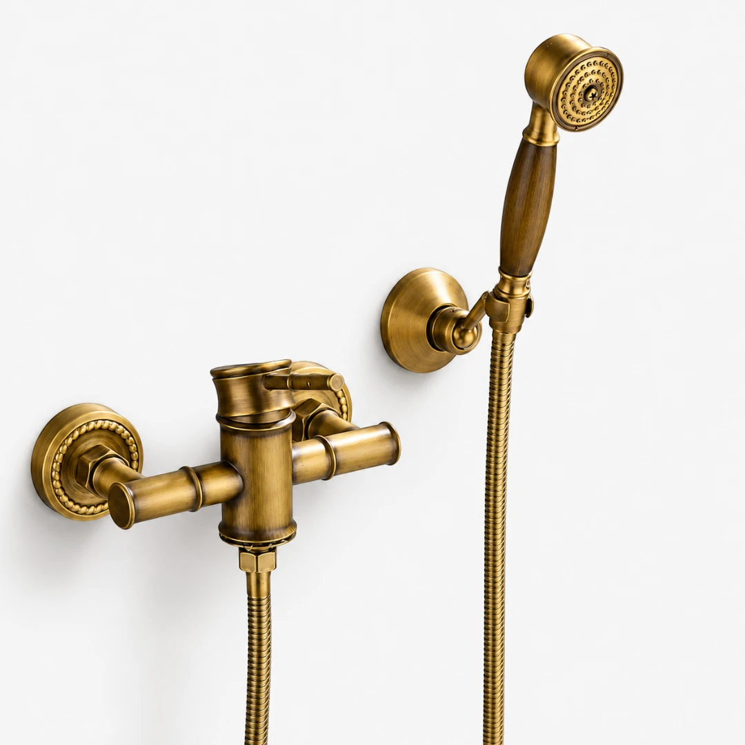 Robinet douche salle de bain bambou flexible pommeau - Doré