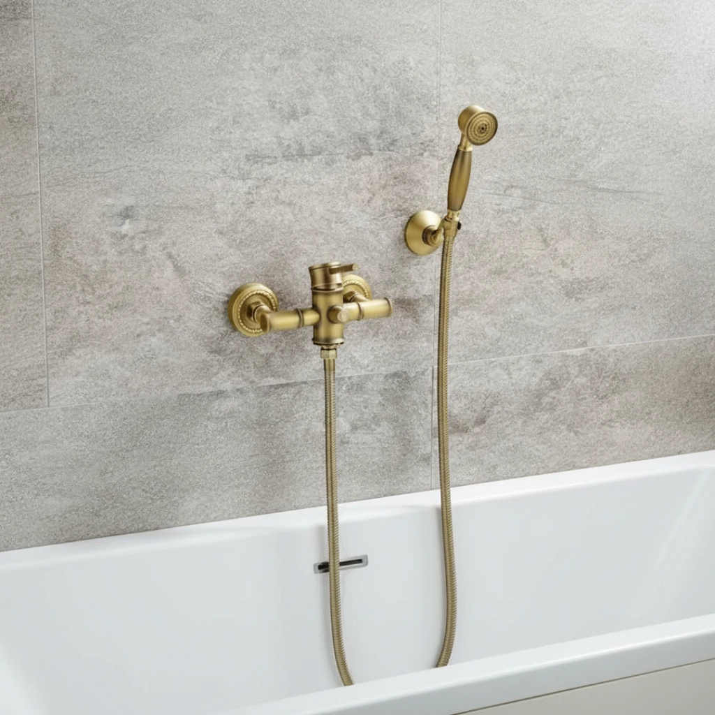 Robinet douche salle de bain bambou flexible pommeau - Doré