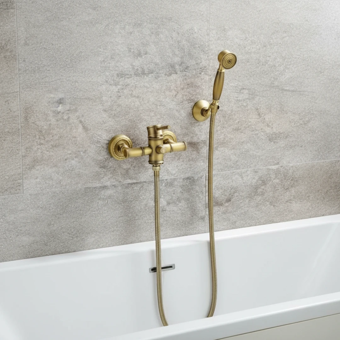Robinet douche salle de bain bambou flexible pommeau - Doré