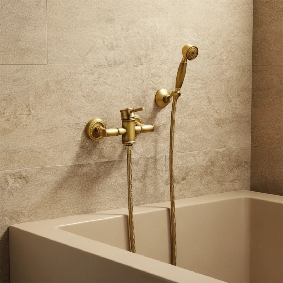 Robinet douche salle de bain bambou flexible pommeau - Doré