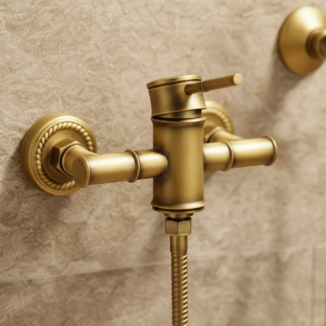 Robinet douche salle de bain bambou flexible pommeau - Doré