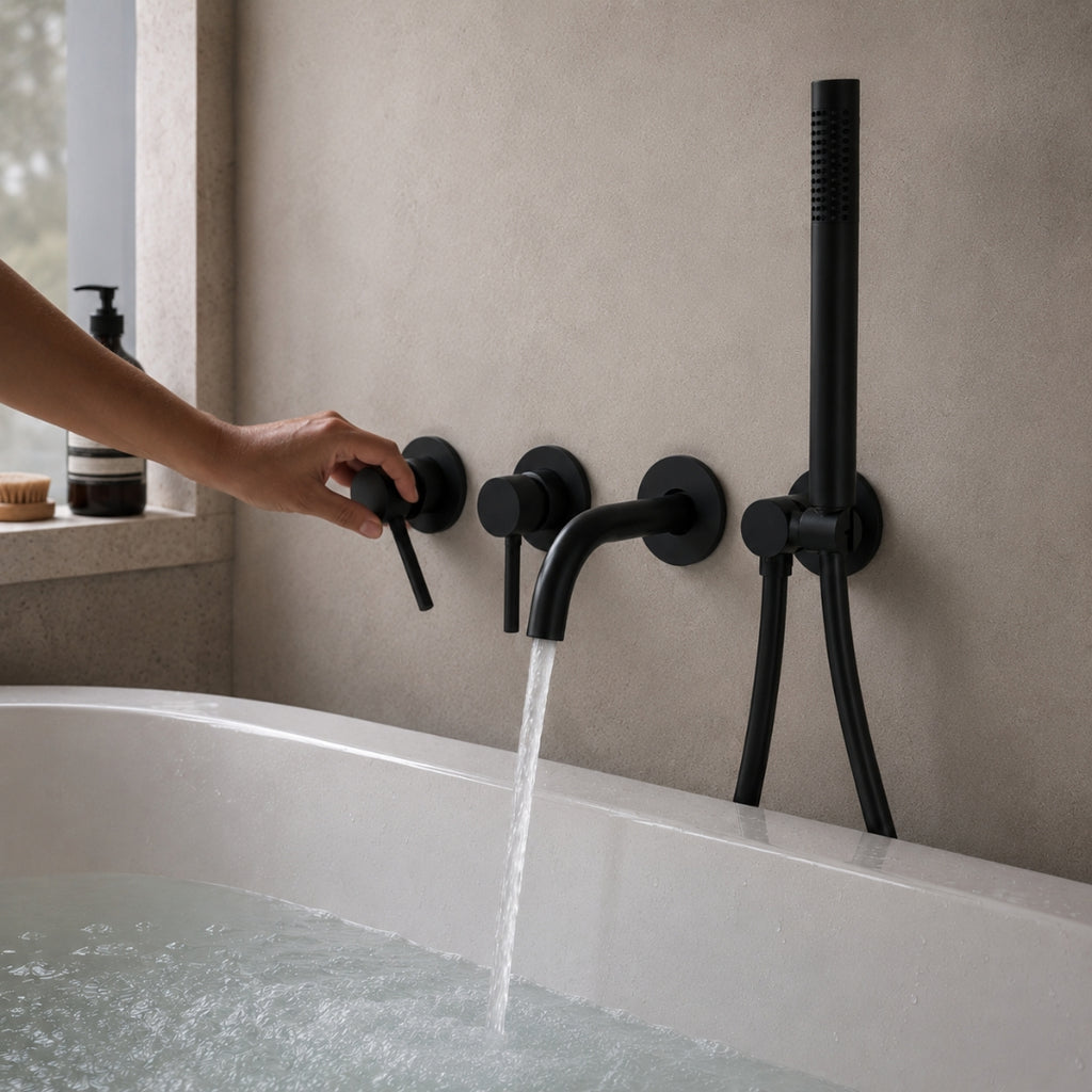 Robinet baignoire salle de bain minimaliste mural encastrable douchette - Noir - Laiton