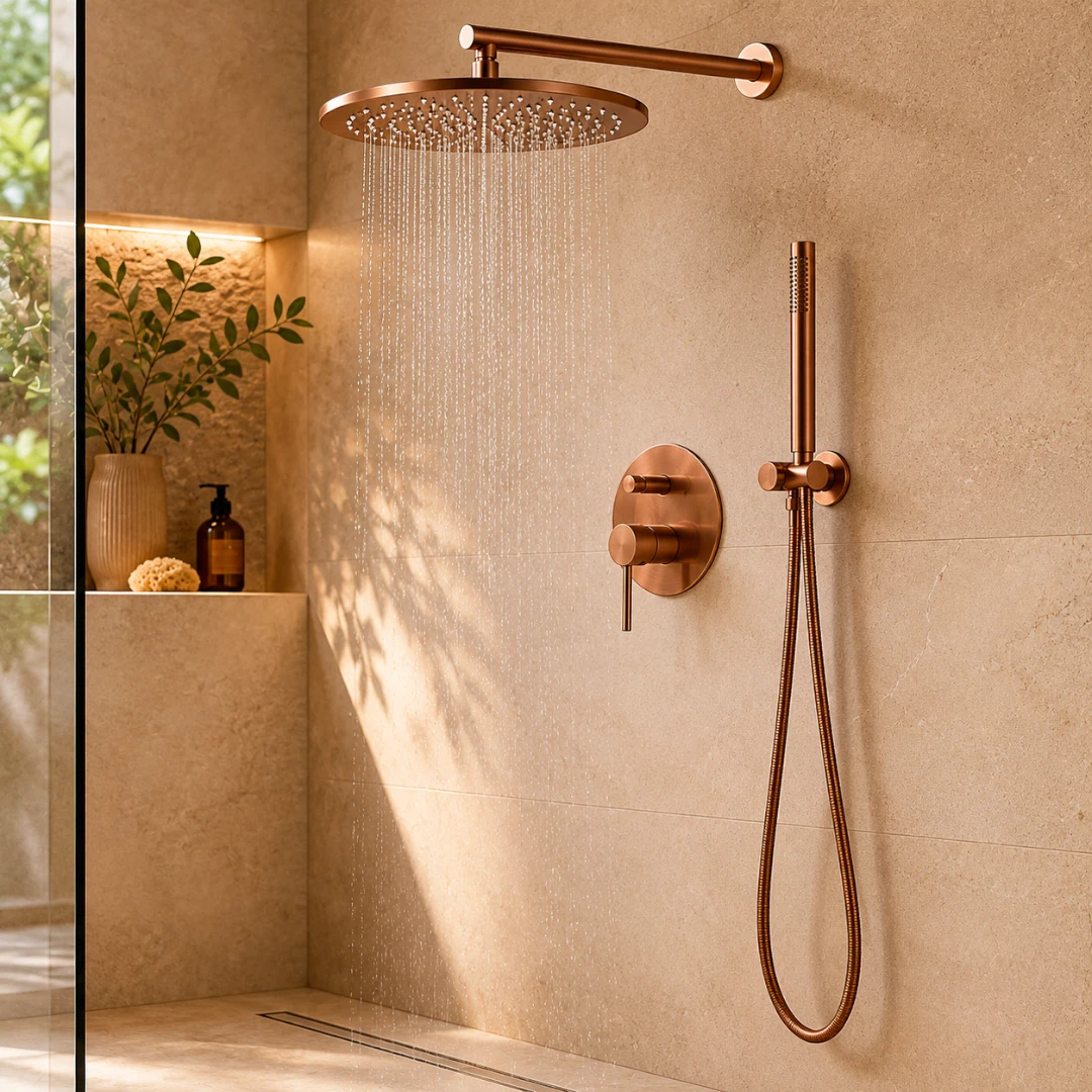 Robinet douche salle de bain rond mural encastrable - Doré rose - Laiton