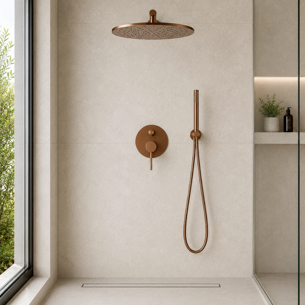 Robinet douche salle de bain rond mural encastrable - Doré rose - Laiton